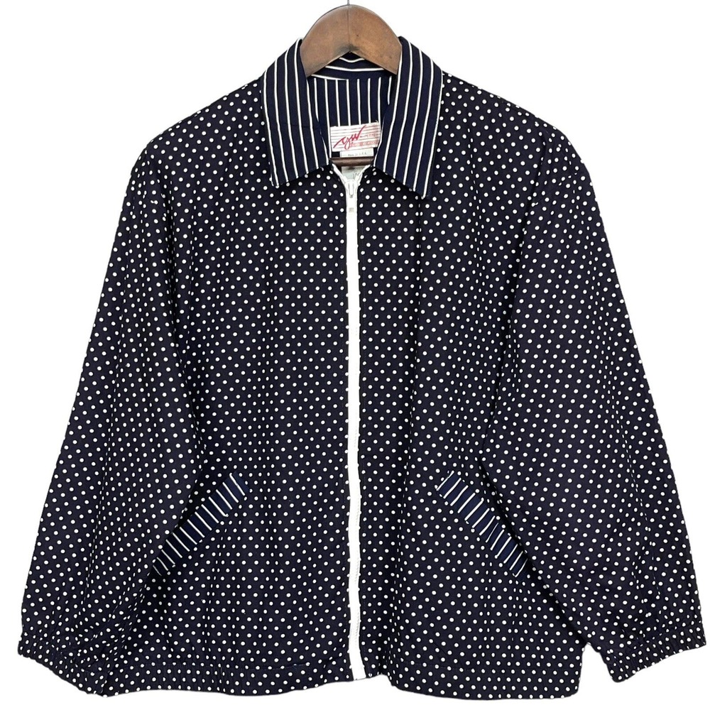 GW Petite Jacket Womens Medium Blue Polka Dot Striped Zip Up Cotton Vintage Exc